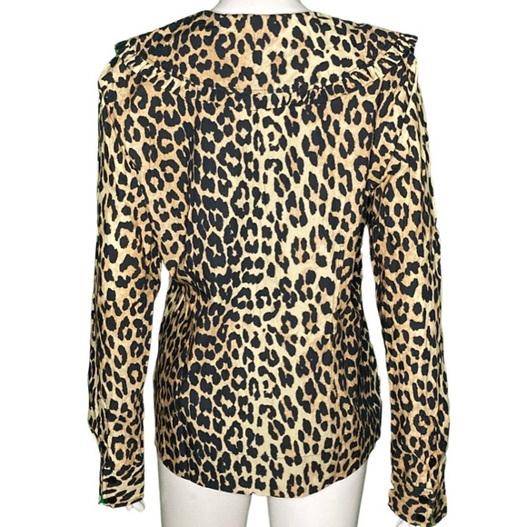 NWT GANNI Ruffled Collar Leopard Print Cotton Poplin Long Sleeve Top - Sz 6 - Picture 5 of 13